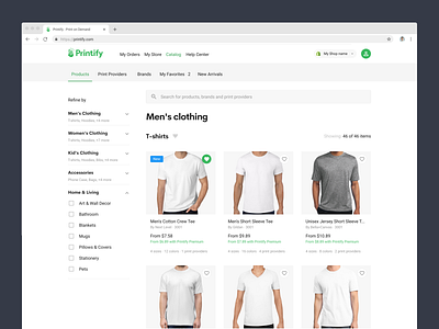 Product Catalog Design concept badge favorite filter filtering filters navbar navigation bar print on demand printify product design products products page search bar t shirt t shirts
