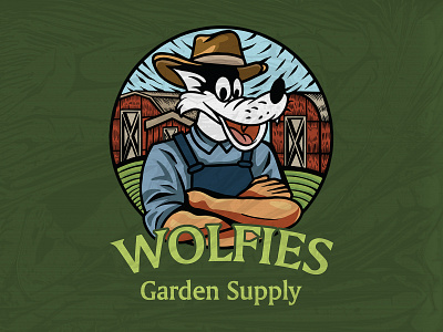 "Wolfies Garden Supply" mascot logo cartoon mascot design farm cartoon farm illustration graphicdesign illustration logo logo design mascot mascot design
