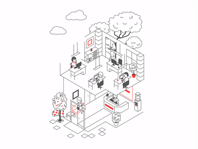 Isometric Office building character company employees illustration job line lineart manager office office space openspace organisation peers people subordinates team vector work workers