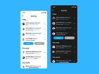 Daily UI #047 - Activity Feed activity feed activity tracker app concept daily 100 challenge daily ui 047 dailychallenge dailyui dark mode design feed ios notifications social app social media social network socialmedia ui uidesign ux