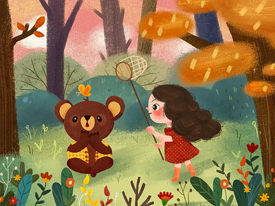 Day4.have fun autumn botany girl illustrations play the bear woods