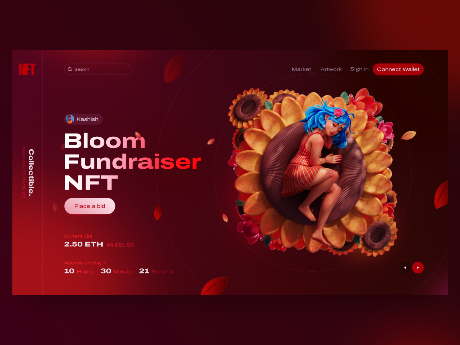 Bloom Fundraiser NFT bitcoin coin crypto art etherieum flowers girl illustration nft art noise uidesign webdesign webui