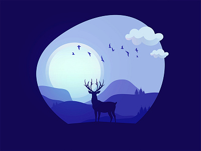 Deer birds danger deer flat forest illustration light moon moonlight mountain trees vector
