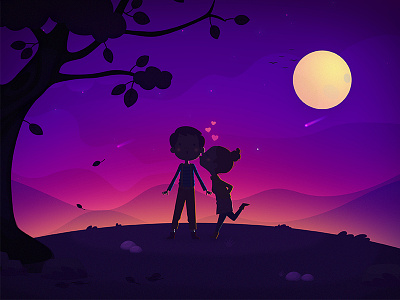 Couple couple illustration kiss landscape love man moon passion woman