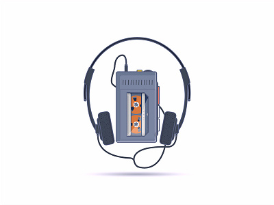 Walkman 80s cassette headphone illustration illustrator minimal music retro shadow tape vintage walkman