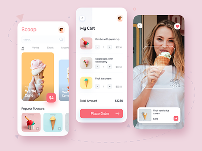 Scoop App app app design camera dessert ecommerce ecommerce app food app foodapp icecream icon minimal scoops shopping app shopping cart ui uidesign uiux