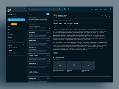 Email Client - UI Design (Dark) design email email client experience figma illustration interface mail messaging mobile app design mobile ui ui uiux user ux web