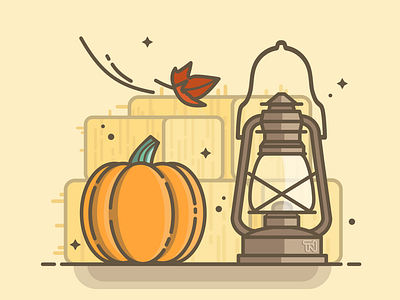 Autumn Vibes autumn fall flatvector haybale illustration lantern mapleleaf mood outline picture pumpkin scene season vector