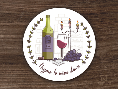 Thyme to wine down barrel coaster detail drawing flatvector glass grapes icons illustration lineart stickermule stilllife thuyngo thyme vector wine winerack