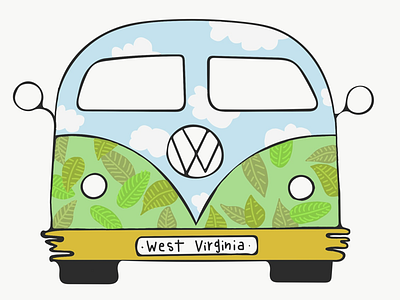 West Virginia VW bus custom project bus clouds custom illustration leaves retro sky unique vintage antique vw wv