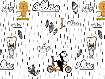 Biking panda bear pattern animals bear bike black and white pattern rabbit raccoon repeating seamless