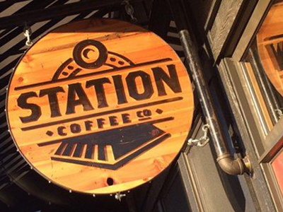 Station Coffee Co. Sign carved coffee logo sign train wood
