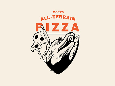 Mori's All-Terrain Pizza badge eel hand drawn logo pizza