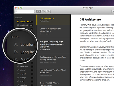 Sneaky little preview dark desktop gui icon light mac osx responsive rss typography ui webdesign words