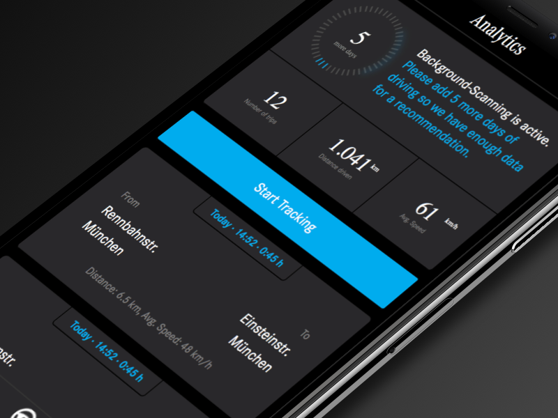 Driving analytics white font analytics cards grey dashboard app iphone blue dark