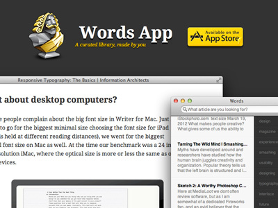 Landingpage app article bar css dark desktop gui html icon interface mac news os statue text typography ui white window words yellow