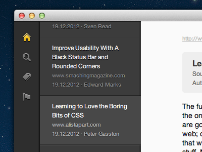 Learning to Love the Boring app article bar css dark gui html icon icons mac navigation news osx stream text typography ui