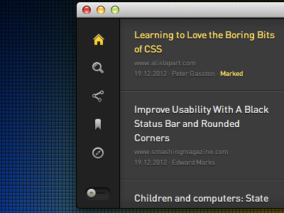 App Sidebar Slider app article buttons css dark desktop feed gui html icon icons mac news osx slider switch typography ui