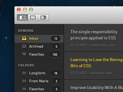 New sidebar app article buttons dark gui inbox list mac osx sidebar titlebar ui