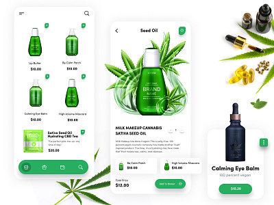 MMJ Beauty Products beauty bright clean green ios ios app ios app design makeup marijuana minimal mmj modern oil product seed shopping cart tea ui