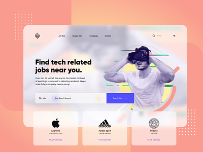 Tech Job Finder 3d blurred background bright color flat gradient background job finder jobs jobseeker jobsite landing page minimal mobile app design modern search search form space tech jobs vr webdesign website