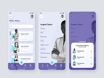 Find A Model - Model Agency Concept App agency ios mobile dashboard mobile design mobile menu model model agency modelling clay models people search search people user profile