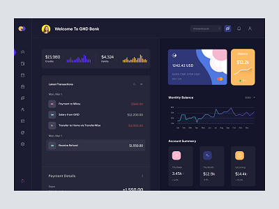 Banking and Finance Dashboard UI - Dark Mode admin panel admin theme admin ui banking dark dashboard dark mode dark theme dark ui dashboad dashboard finance interface list view modern night mode sidebar table ui user dashboard website