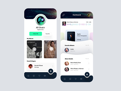 Music App UI album app cards interface minimal mobile app mobile nav mobile overlay modern music app music player nav playlist profile social social app uiux user profile