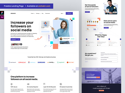 Freebie SaaS Landing Page Design for Adobe XD and Figma about us call to action contact us cta features footer freebie header homepage how it works landing landing page our services saas landing page saas website web web design website