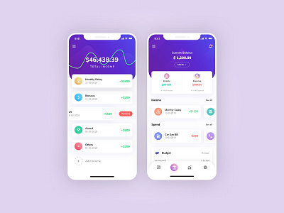 Finance App Income and Balance Screens ai ai finance app app bright color finance finance app finance ui flat design gradient background income app income ui mobile app design modern sketch app social app