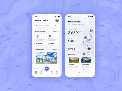 Travel App Travel Buddy Finder App connect connected flat gradient ios app design location app map menu modern profie social app social network travel travel app travel social