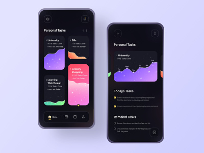 Personal To-Do app Concept activity bottom navigation bubble chart dark dark mode dark ui grocery homepage notification personal task manager todo app university