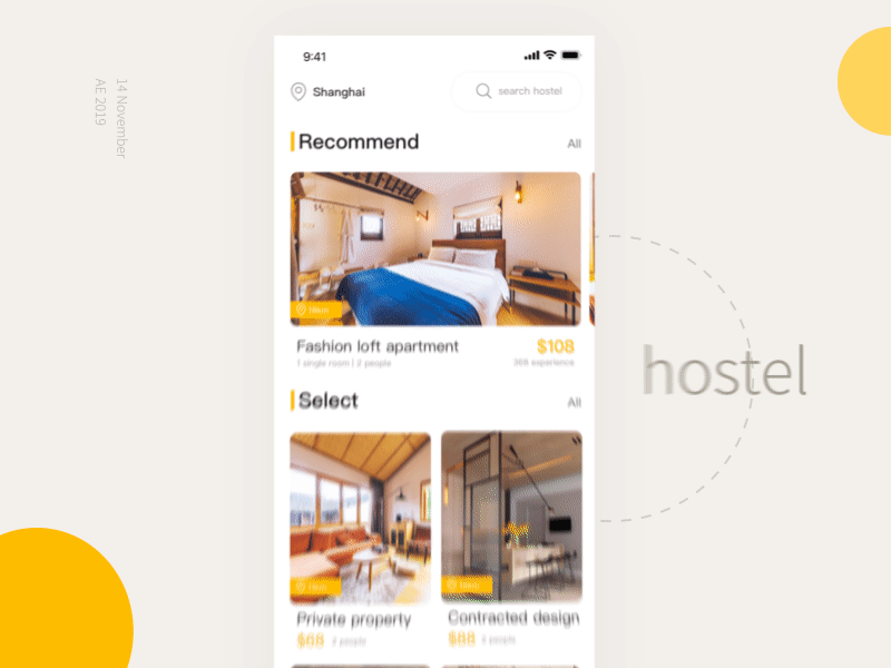 Hostel App 3d app app concept card design drag hostel motion sliding ui