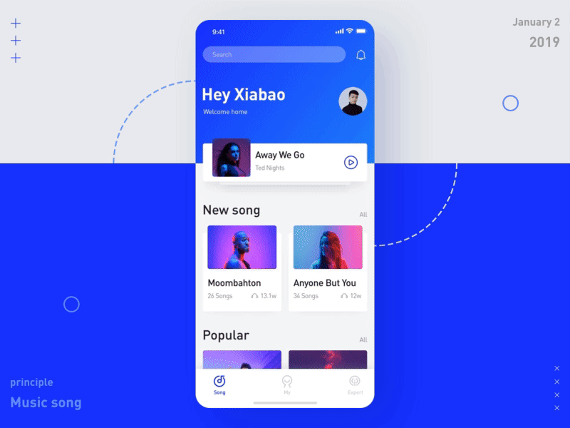 Music song app card color delete design drag gif ios iphonex list motion music app page play principle sketch song ui ux