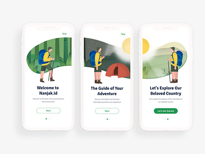 Nanjak.id Mountain Hiking App Onboarding Screen app blue branding design flat green header hiking holiday illustration mountain mountaineering mountains nature onboarding screen travel ui vector