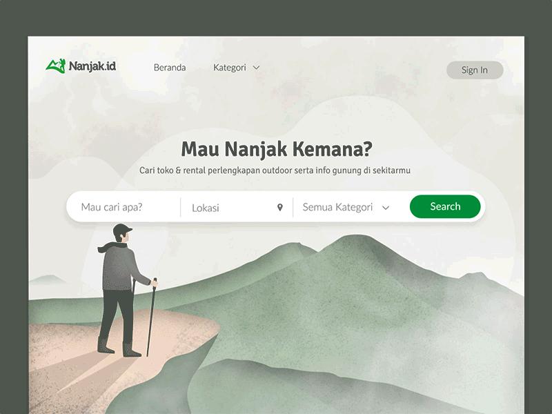Hiking illustration for Nanjak.id adventure animation flat green header hiking homepage illustration landing page ui