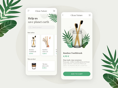 Clean Nature | e-commerce concept add to cart bamboo cart eco friendly ecommerce green mobile nature plant products shop sketch straw toothbrush ui ux zero waste