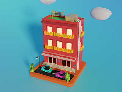 3D Building & Car 3d illustration lowpoly