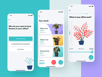 Office plant assistant: plants list and screens sequence app assistant design illustration interface ios12 iphone picking flow planning plant plants react native refresh settings slider ui ux violet wizard yellow