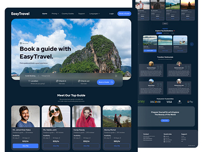 EasyTravel Landing Page UI Design (Dark mode) dark mode design landing page mobile app mobile app design responsive design traveling case study traveling web design ui ui design ui designer uiux ux design ux designer web design