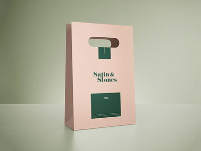 Satin & Stones Paper Bag brand identity branding design digital illustration graphic design green green logo illustration logo logotype paper paperbag paperbag design pink sticker