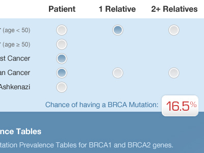BRCA Calculator buttons checkboxes form numbers