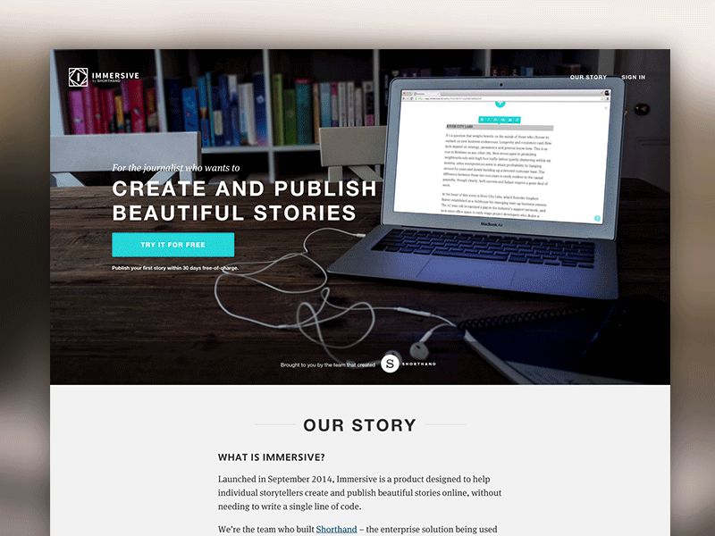 Immersive - The platform for freelance journalists desktop gif homepage journalist web app website