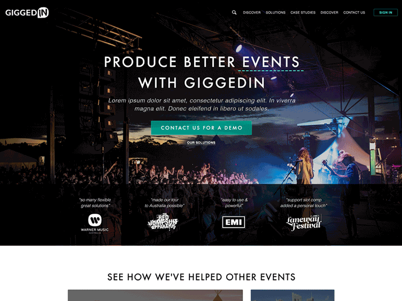 Giggedin Homepage design events homepage music web