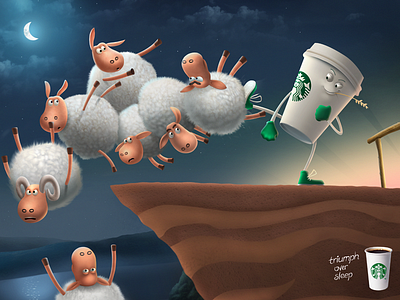 Starbucks - Triumph over sleep advertising illustration