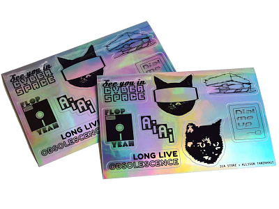 ICA Stickers 8bit cat cats glitch art hologram illustration merchandise design museum music art retro sticker sheet stickers synthwave vinyl