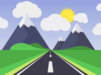 1 Point Perspective Mountain Road Scene clouds cute design illustration mountain vector