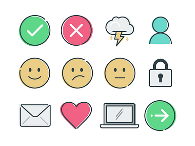 Icons for service design templates arrow cross envelop happy heart icon laptop neutral padlock sad tick user