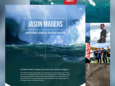 Celebrate Jason Magers Donation Site grid hi landing page microsite north shore onepage surf water webflow website