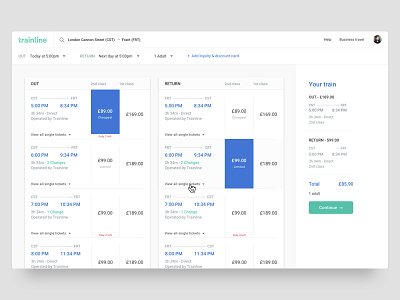 Results page to book train tickets